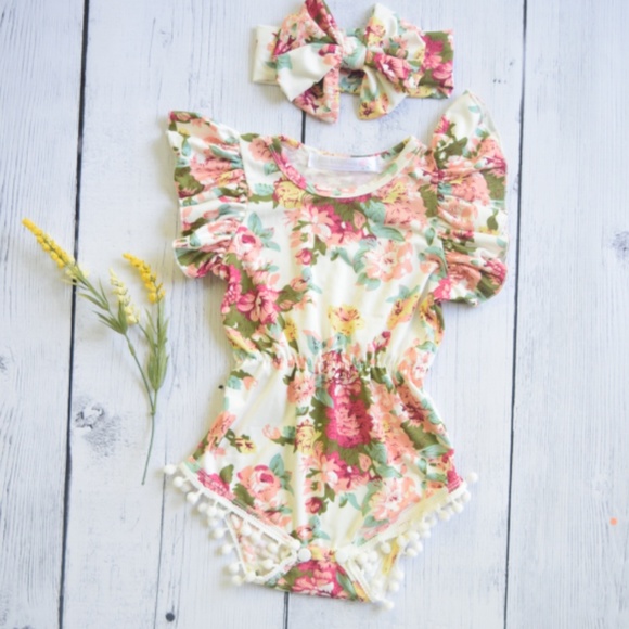 White Floral Romper with Matching Headband - Picture 2 of 2